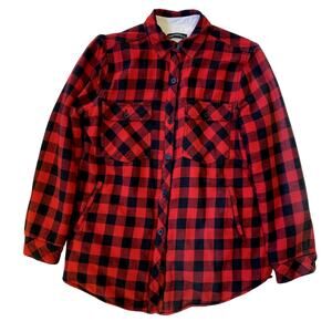 Zara Coat Jacket Women XL  Fleece Lined Flannel Buffalo Plaid Red Black Relaxed